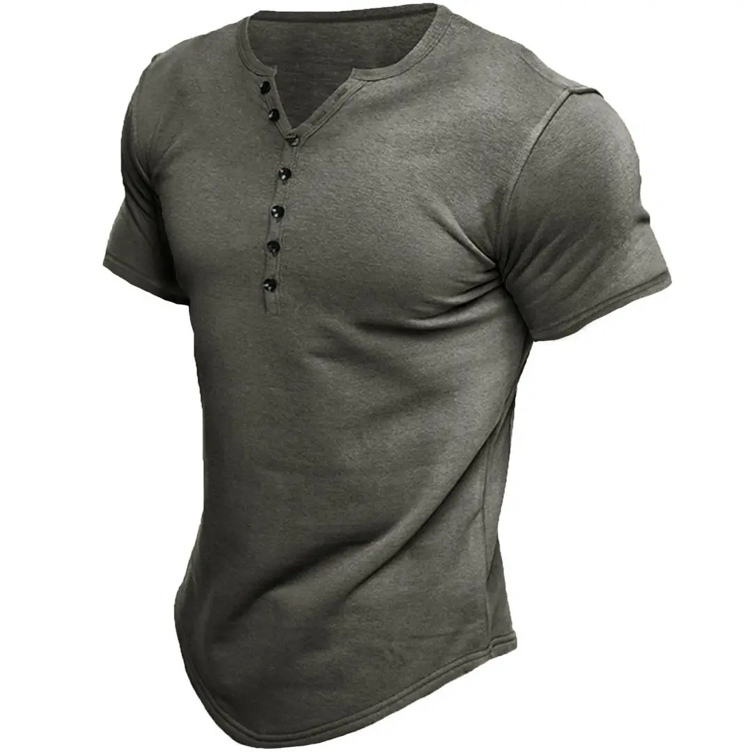 Men's Brown Button Front T-Shirt Short Sleeve Solid Color - Image 2