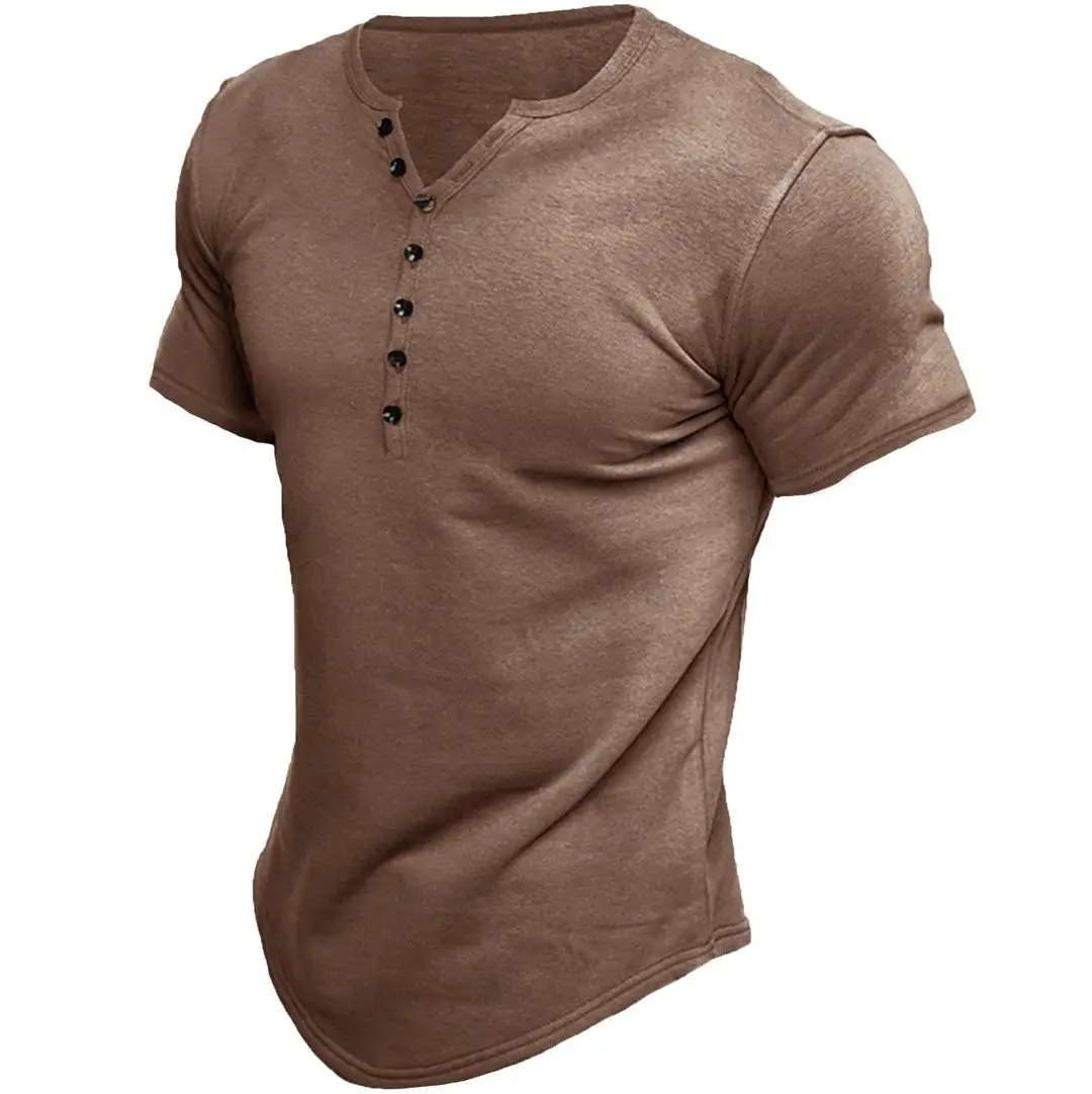 Men's Brown Button Front T-Shirt Short Sleeve Solid Color - Image 6
