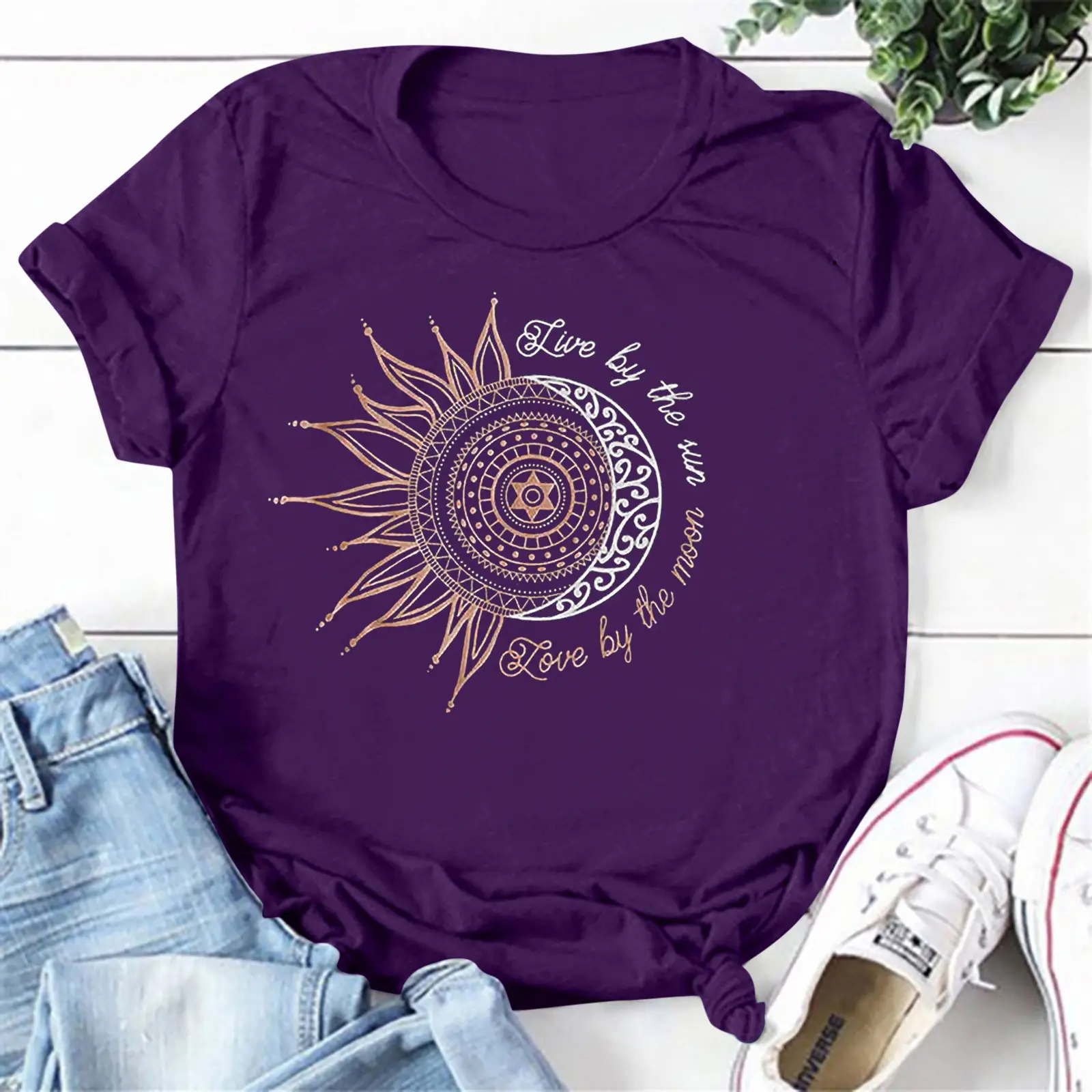 Women's Red Sunflower Print Loose Pullover T-Shirt - Image 3