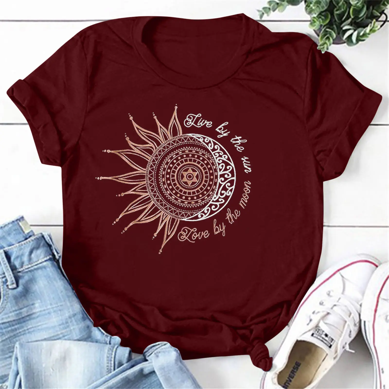 Women's Red Sunflower Print Loose Pullover T-Shirt - Image 13