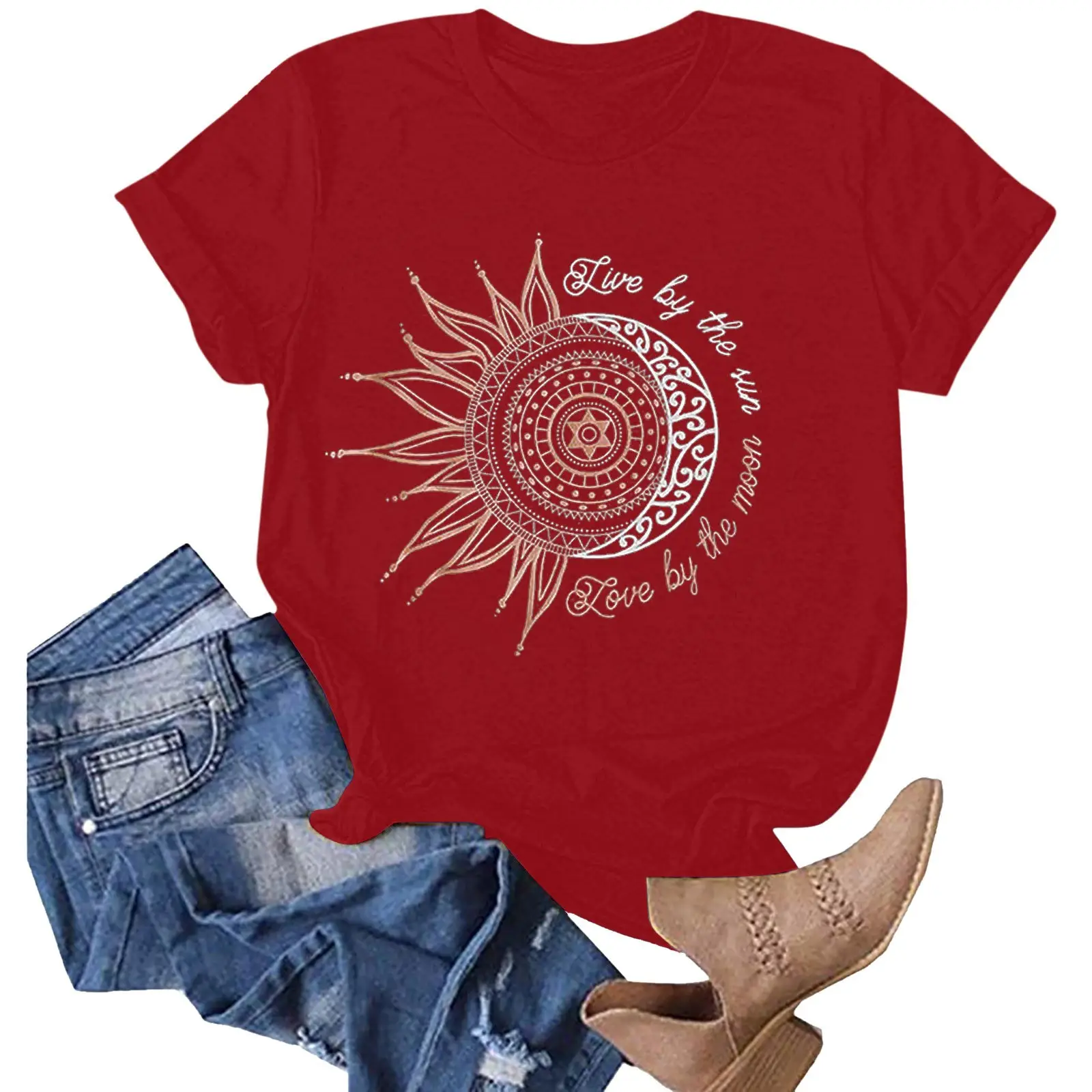 Women's Red Sunflower Print Loose Pullover T-Shirt - Image 24