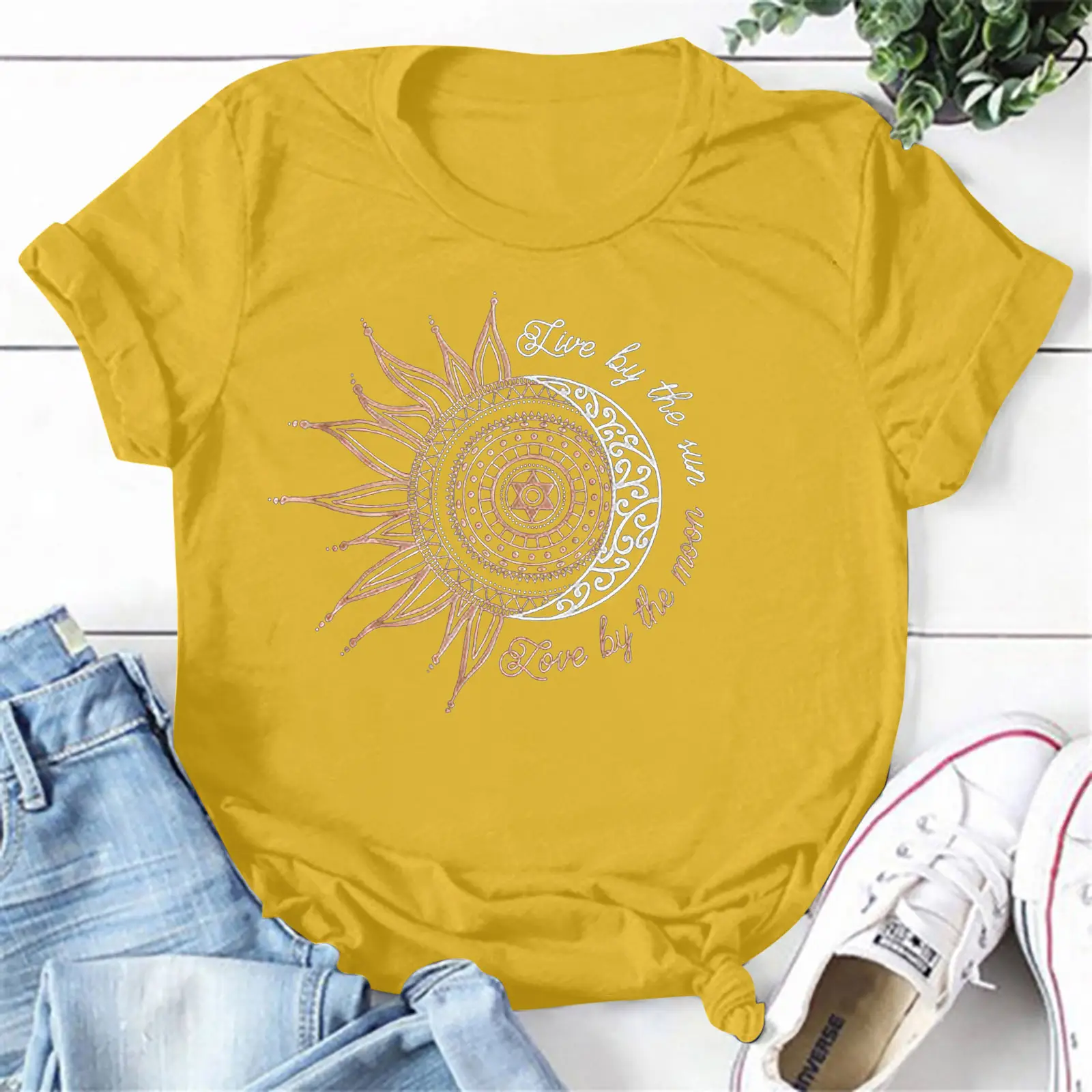 Women's Red Sunflower Print Loose Pullover T-Shirt - Image 4