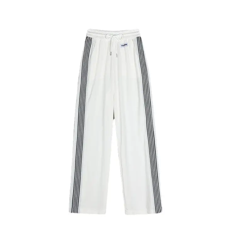 Women Ice Silk Sports Pants White Striped Wide Leg