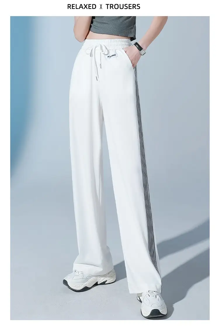 Women Ice Silk Sports Pants White Striped Wide Leg — feature 15