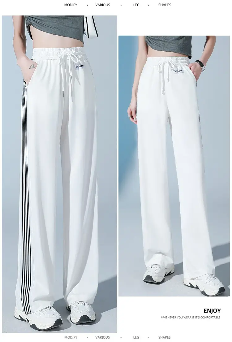 Women Ice Silk Sports Pants White Striped Wide Leg — feature 16