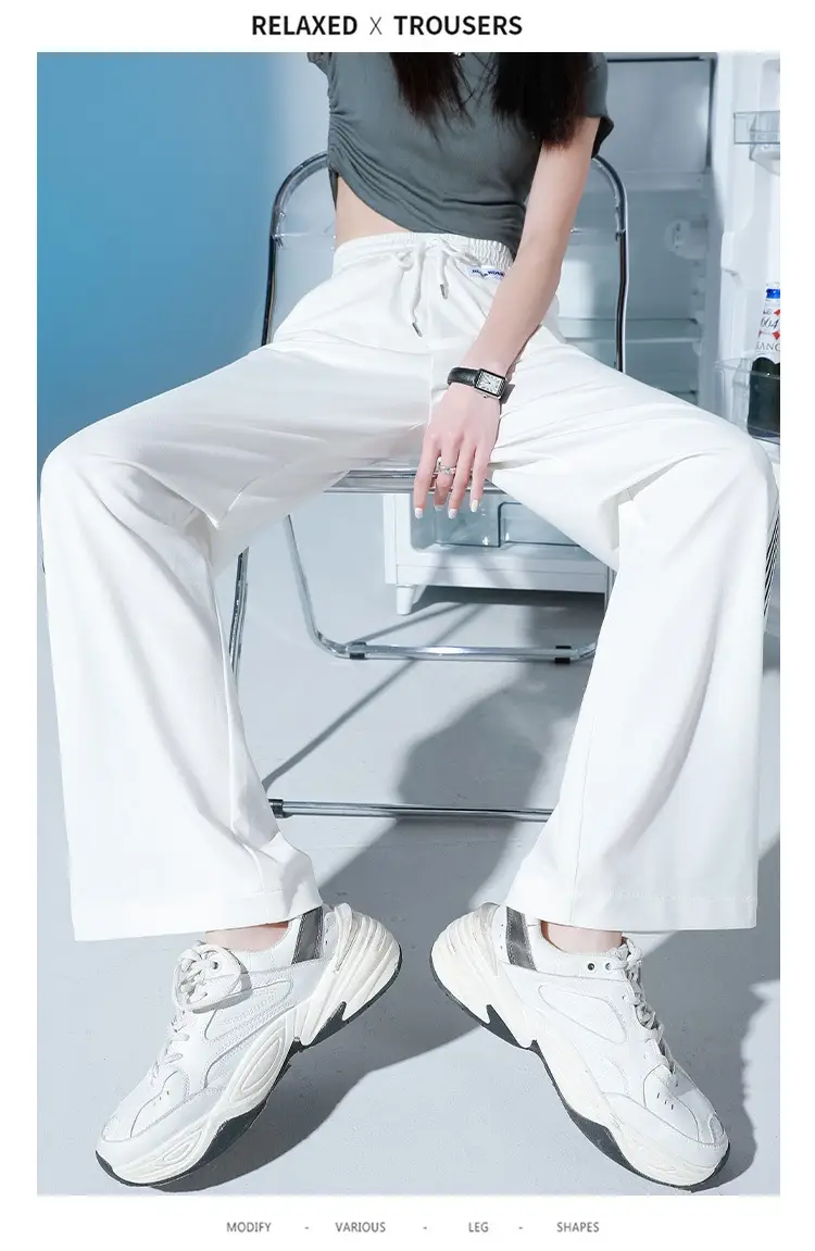 Women Ice Silk Sports Pants White Striped Wide Leg — feature 18