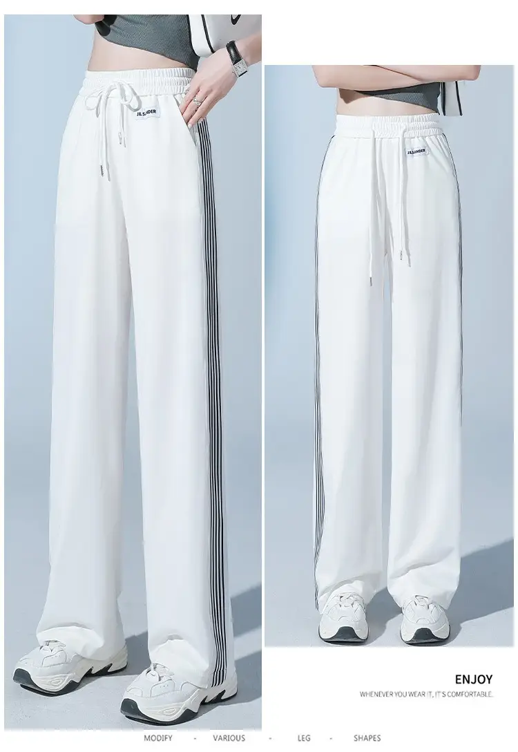 Women Ice Silk Sports Pants White Striped Wide Leg — feature 19