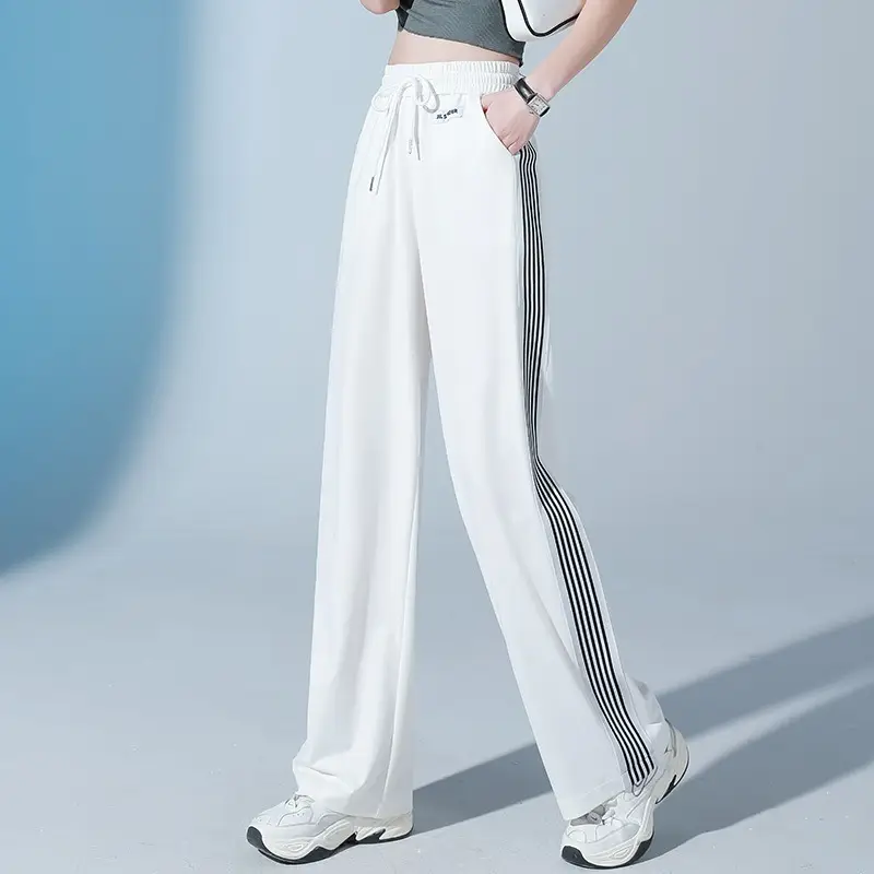 Women Ice Silk Sports Pants White Striped Wide Leg — feature 20