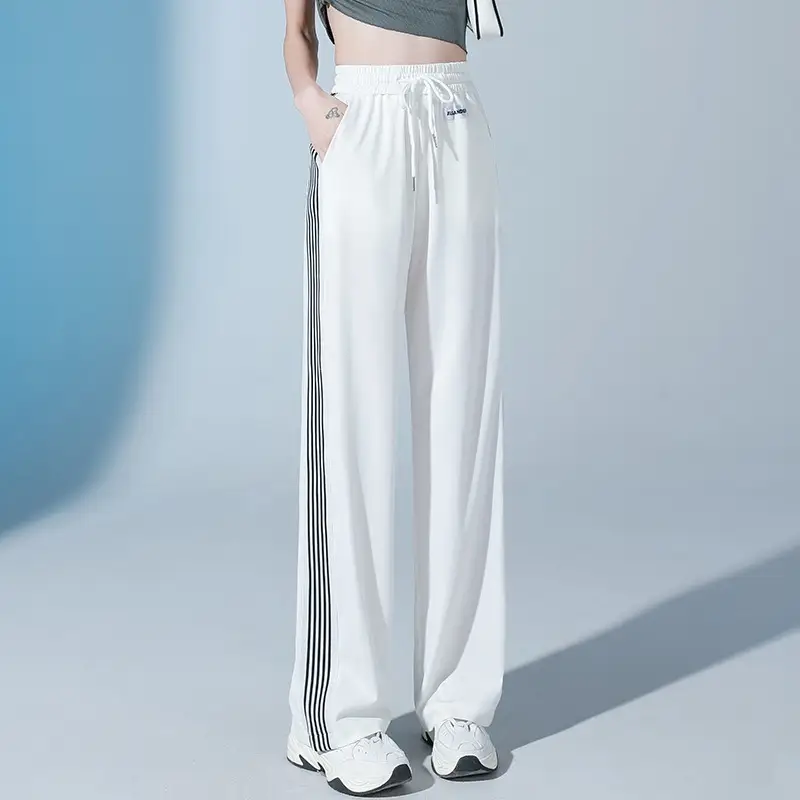 Women Ice Silk Sports Pants White Striped Wide Leg — feature 21
