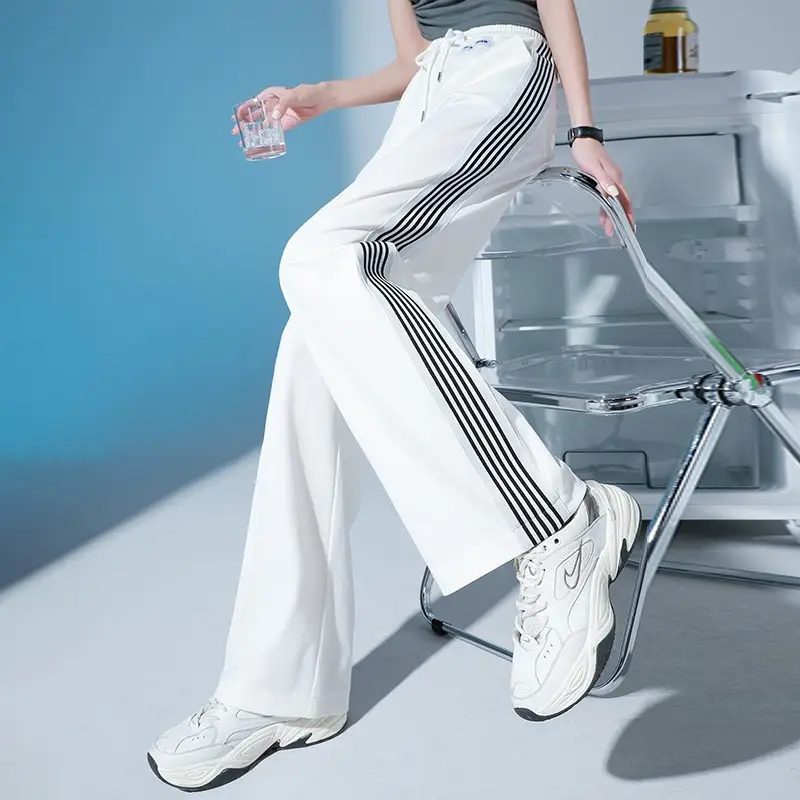 Women Ice Silk Sports Pants White Striped Wide Leg — feature 22