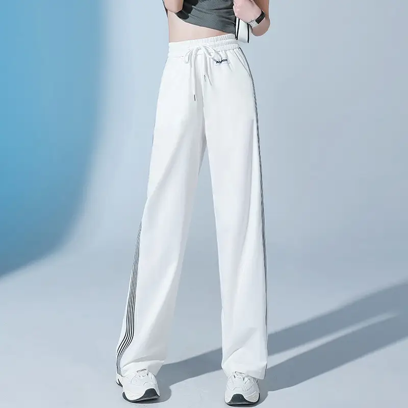 Women Ice Silk Sports Pants White Striped Wide Leg — feature 23