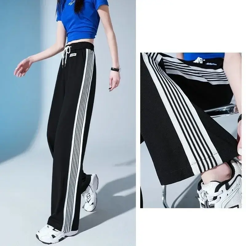 Women Ice Silk Sports Pants White Striped Wide Leg