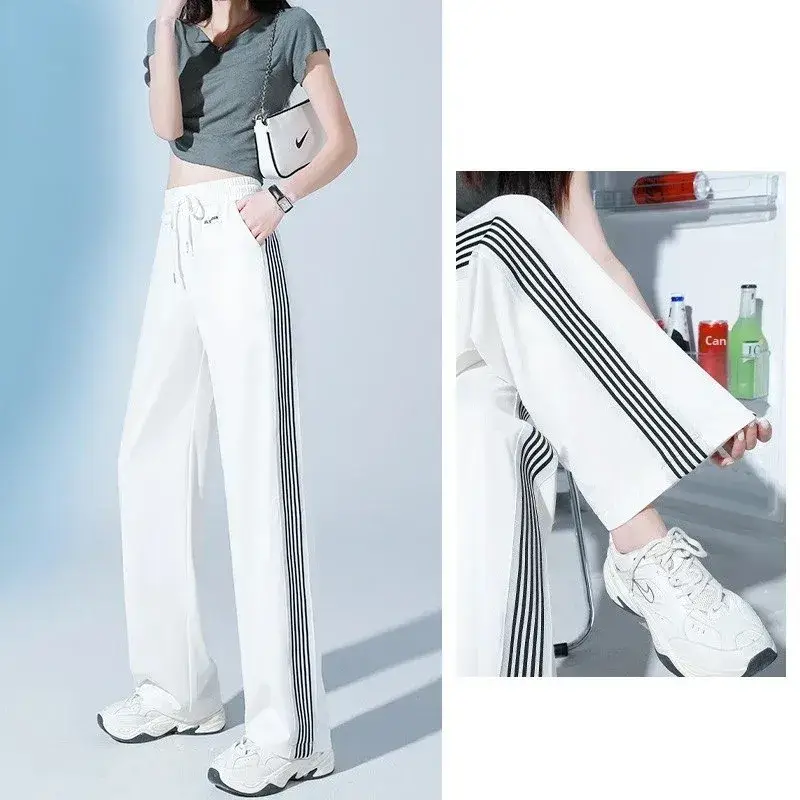 Women Ice Silk Sports Pants White Striped Wide Leg