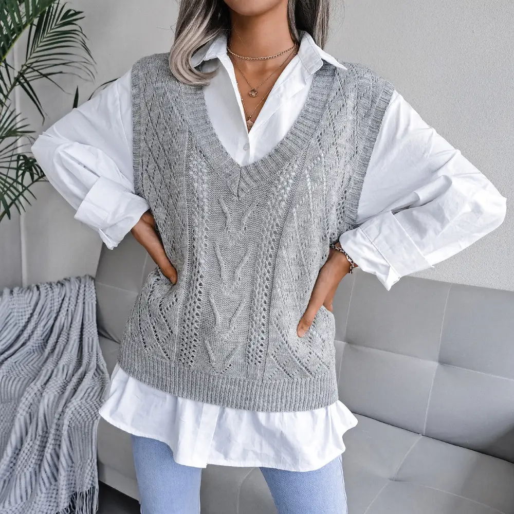 Women's Grey Knitted V Neck Vest Sweater - Image 13