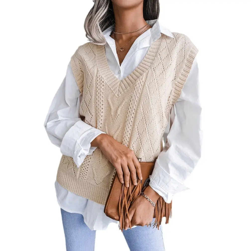 Women's Grey Knitted V Neck Vest Sweater - Image 14