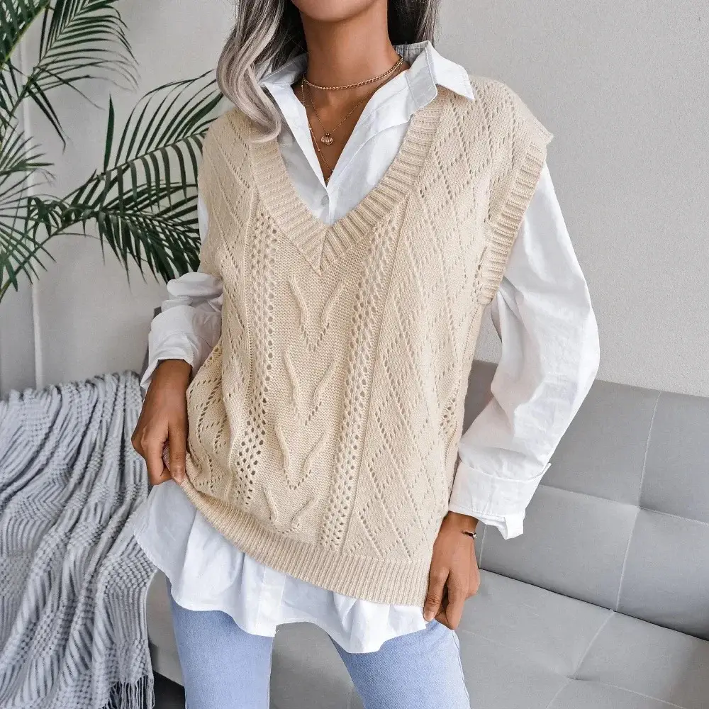 Women's Grey Knitted V Neck Vest Sweater - Image 2