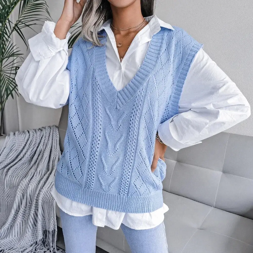 Women's Grey Knitted V Neck Vest Sweater - Image 8