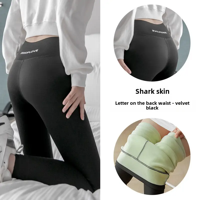 Black Shark Skin High Waist Leggings Women's Fleece Lined Yoga Pants - Image 24
