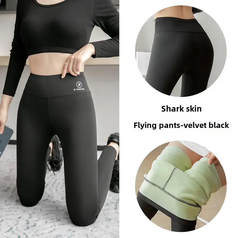 Black Shark Skin High Waist Leggings Women's Fleece Lined Yoga Pants - Image 31