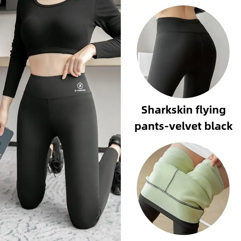 Black Shark Skin High Waist Leggings Women's Fleece Lined Yoga Pants - Image 33