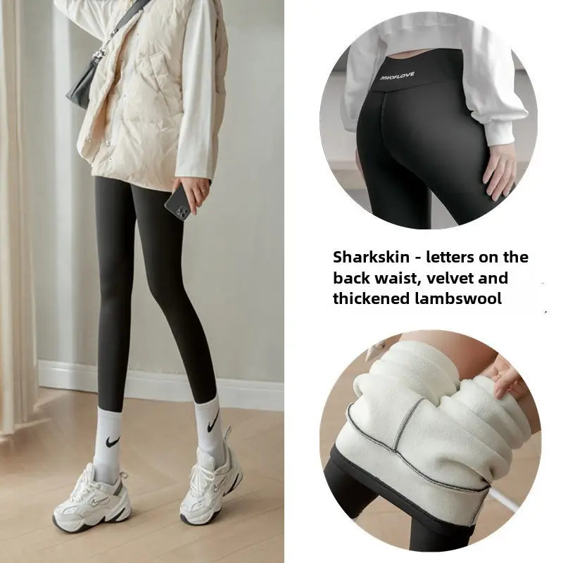 Black Shark Skin High Waist Leggings Women's Fleece Lined Yoga Pants - Image 51