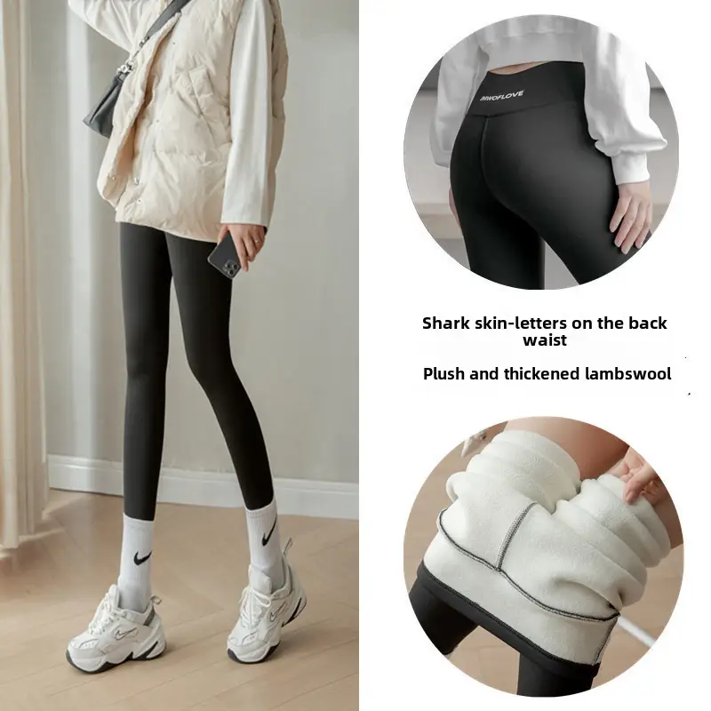 Black Shark Skin High Waist Leggings Women's Fleece Lined Yoga Pants - Image 52