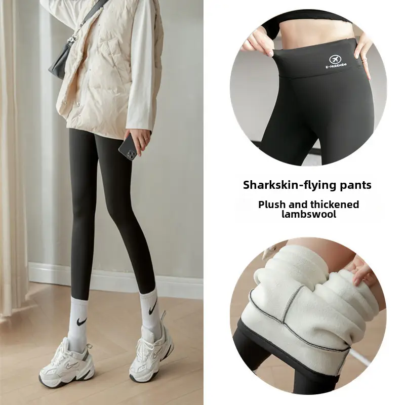 Black Shark Skin High Waist Leggings Women's Fleece Lined Yoga Pants - Image 61
