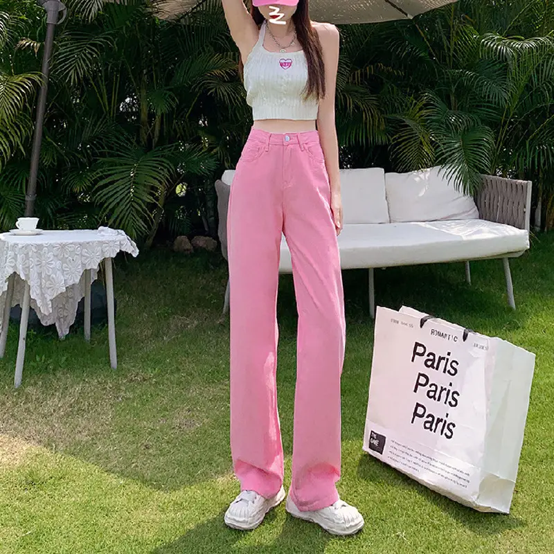 Women Pink Wide Leg Jeans Summer Loose Large Slimming Trousers - Image 11