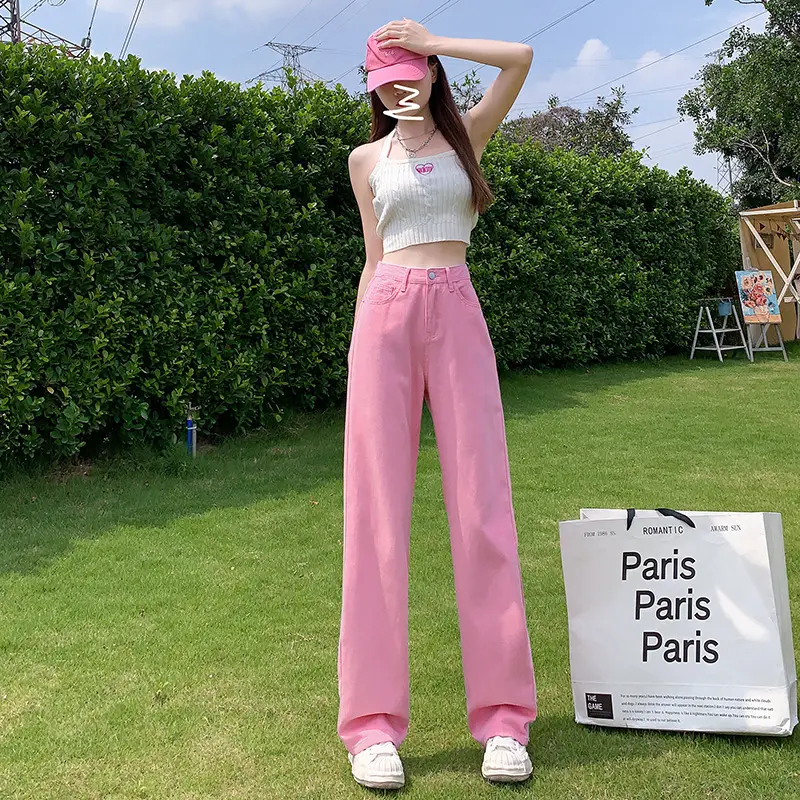 Women Pink Wide Leg Jeans Summer Loose Large Slimming Trousers - Image 12