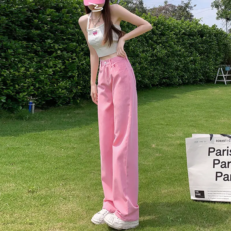 Women Pink Wide Leg Jeans Summer Loose Large Slimming Trousers - Image 13