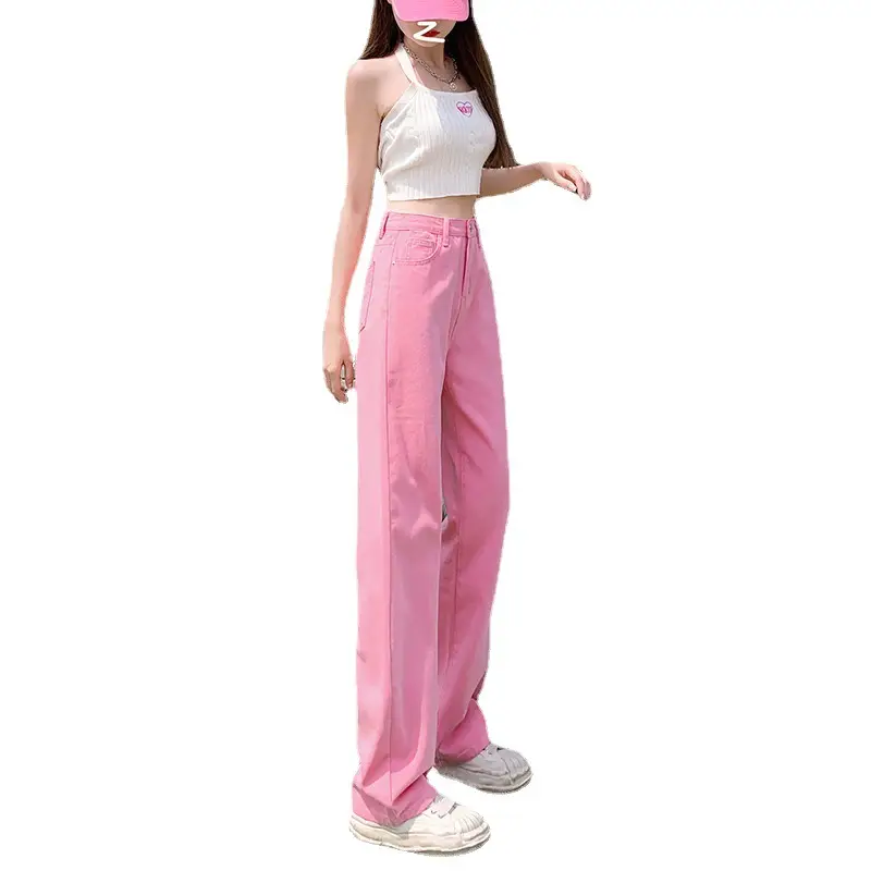 Women Pink Wide Leg Jeans Summer Loose Large Slimming Trousers - Image 14