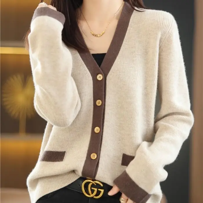 Women's Knit V-Neck Cardigan with Button Front - Image 7