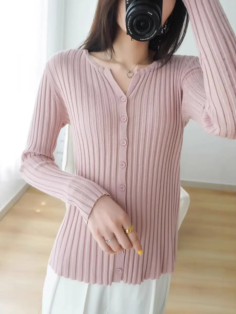 Women's New Knitted Cardigan Short Coat Round Neck Long Sleeve Solid Color - Image 14