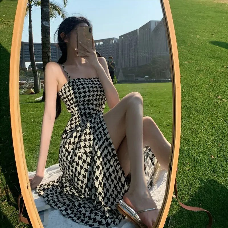 Women's Houndstooth Slit Long Dress Summer 2022