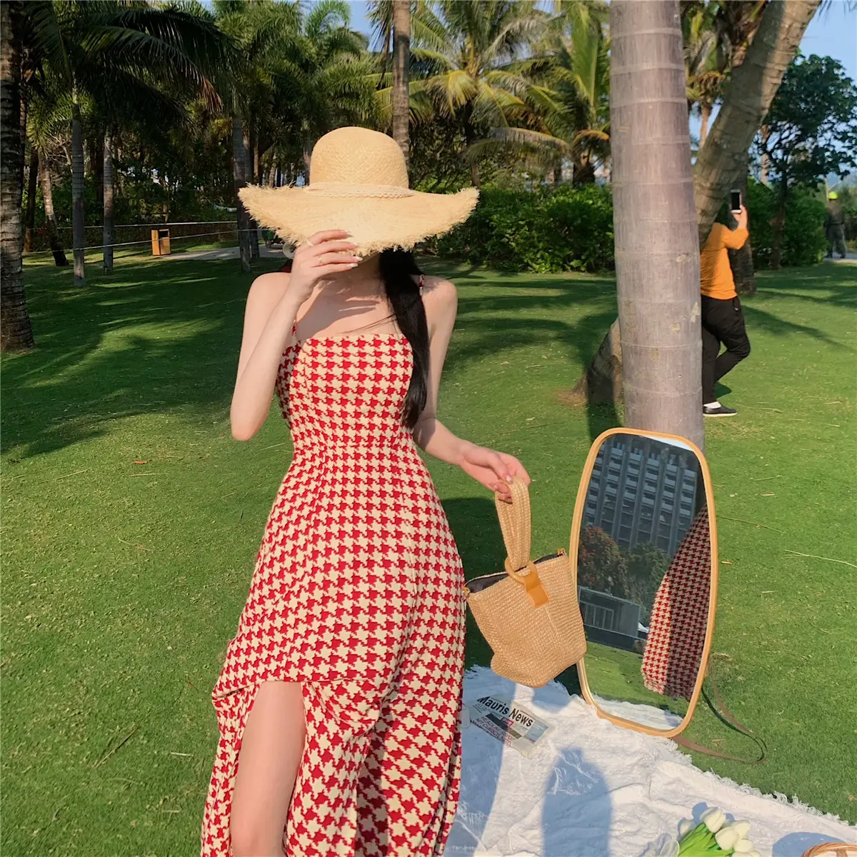 Women's Houndstooth Slit Long Dress Summer 2022