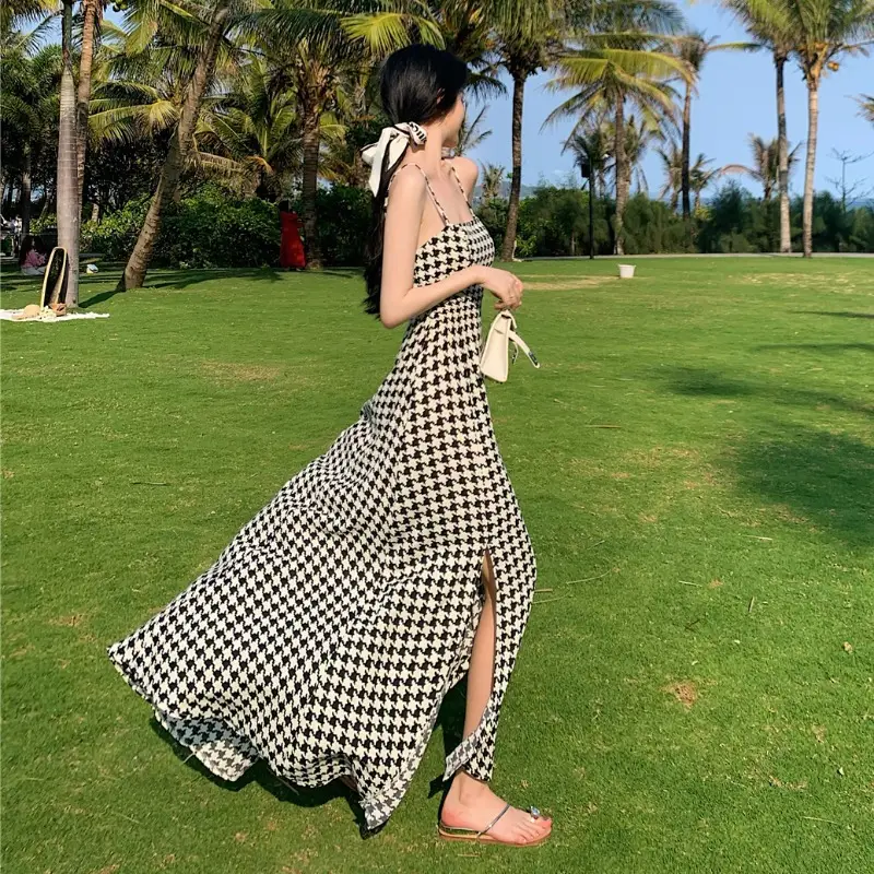 Women's Houndstooth Slit Long Dress Summer 2022