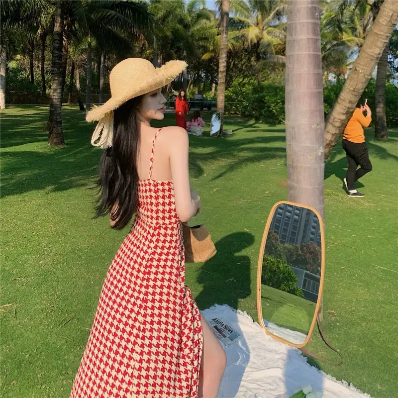 Women's Houndstooth Slit Long Dress Summer 2022