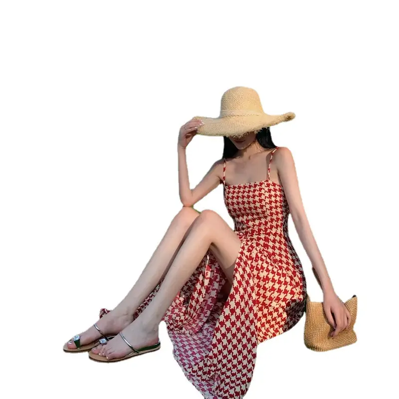 Women's Houndstooth Slit Long Dress Summer 2022