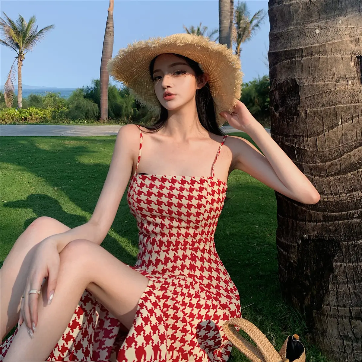 Women's Houndstooth Slit Long Dress Summer 2022