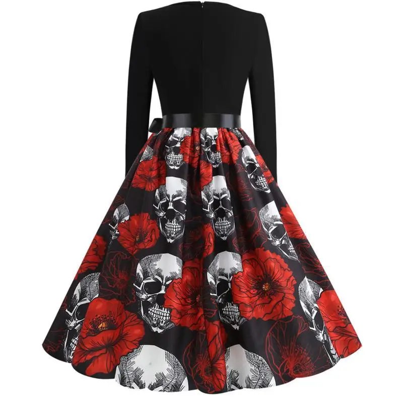 Real Shot Spot 20.21 million Holy Festival New Skull Printed V-Neck Burned Flower Long Sleeve Large Swing Dress - Image 3