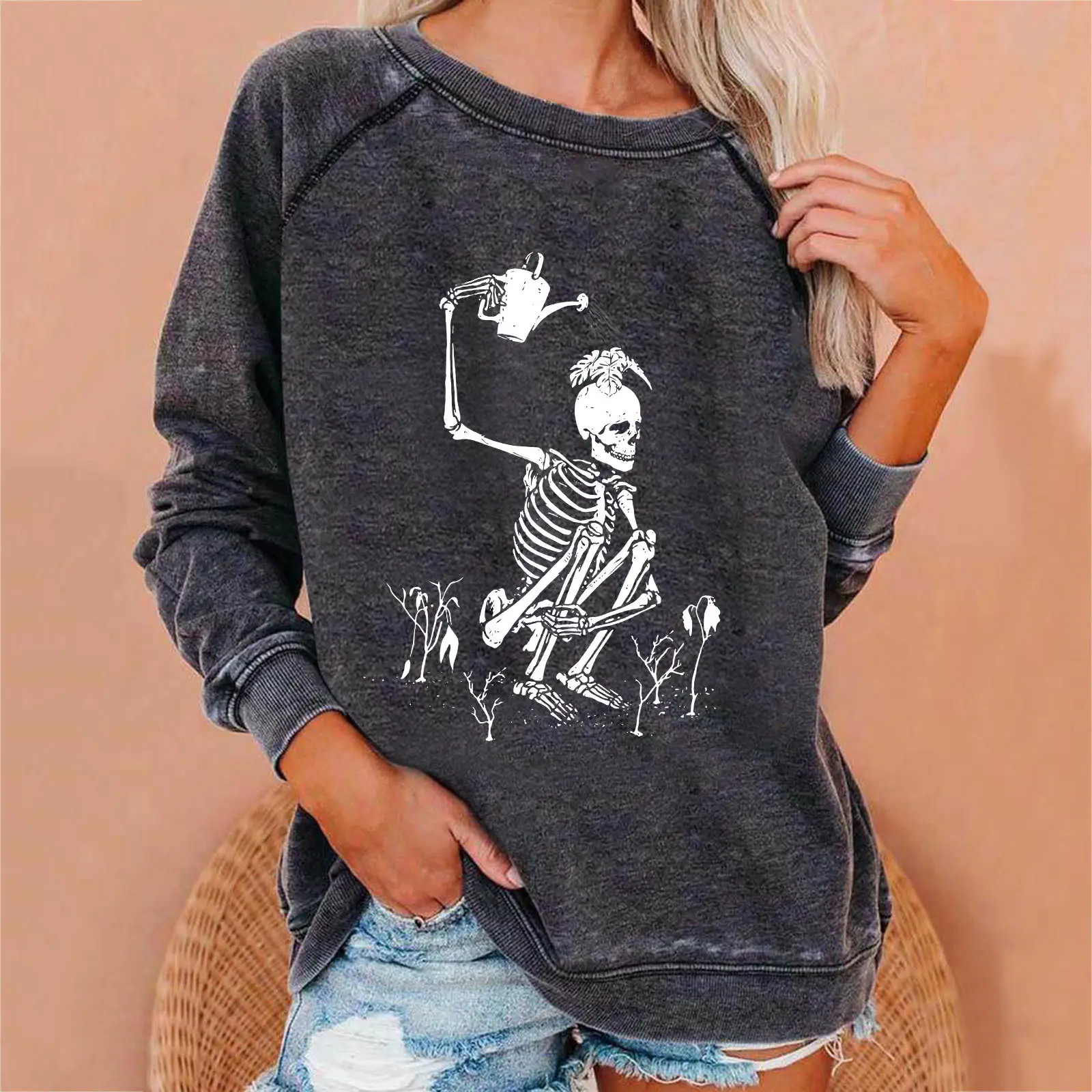 Women Halloween Skull Sweatshirt Dark Grey - Image 16