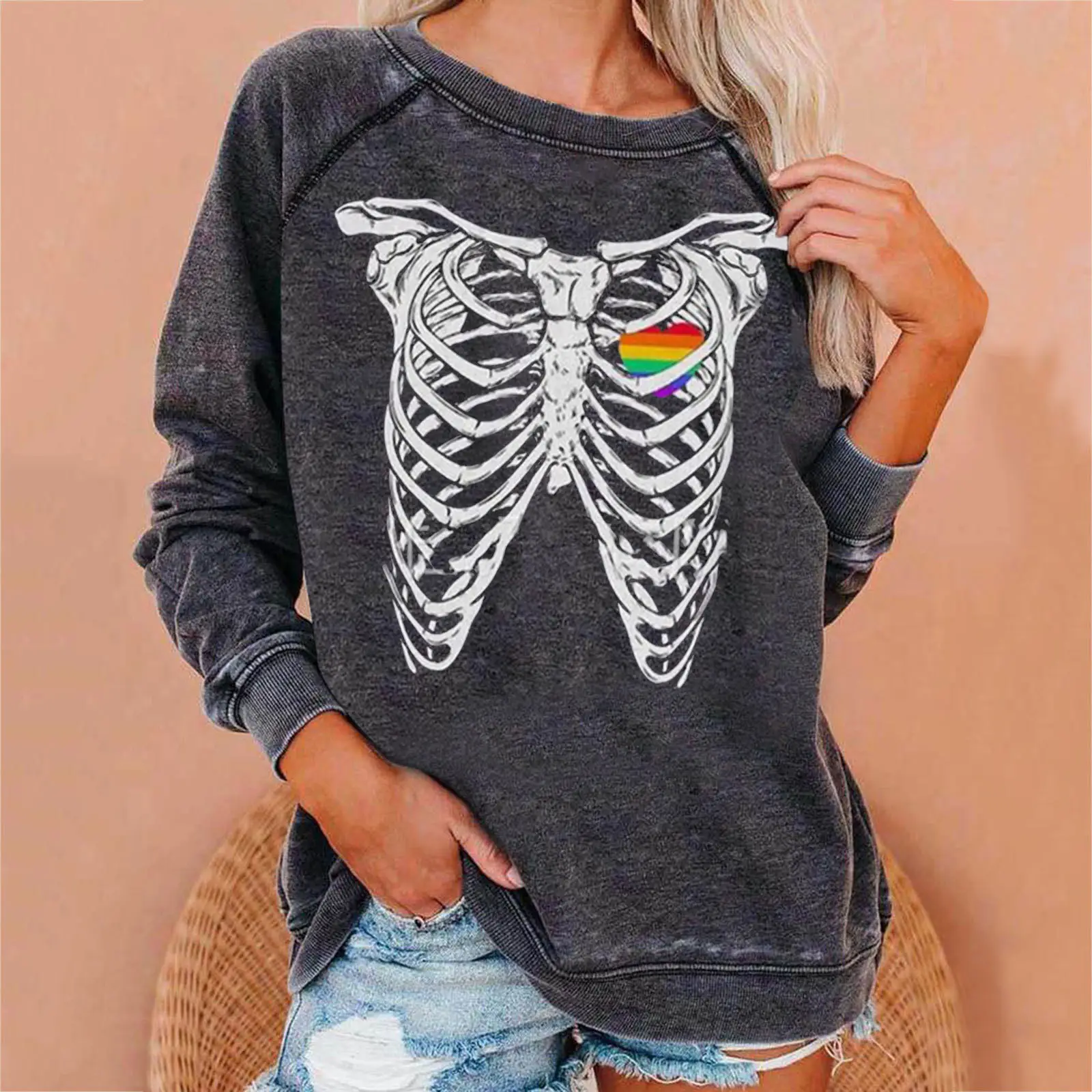 Women Halloween Skull Sweatshirt Dark Grey - Image 18