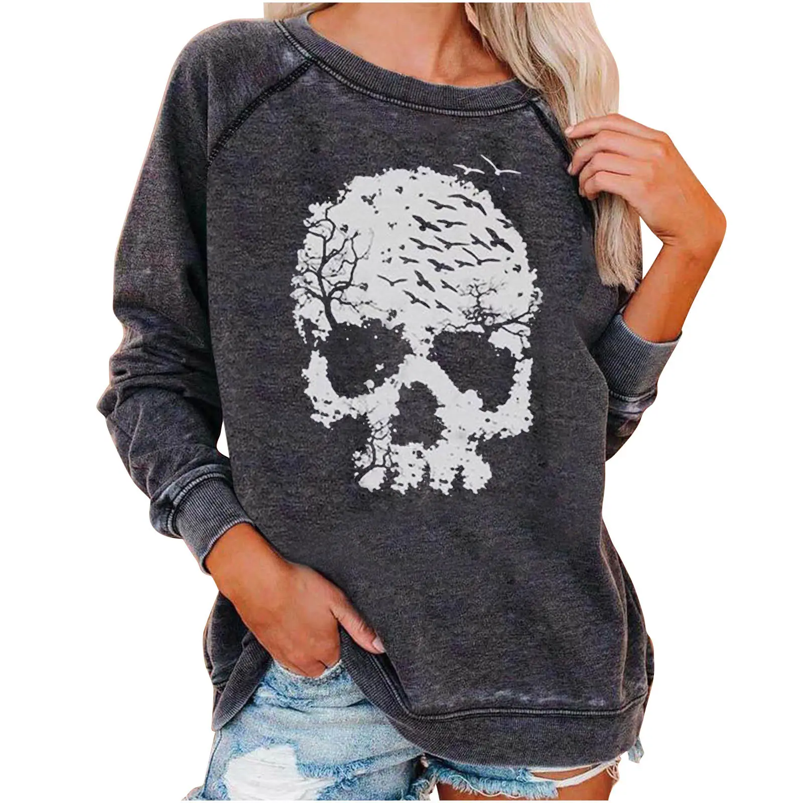 Women Halloween Skull Sweatshirt Dark Grey - Image 12