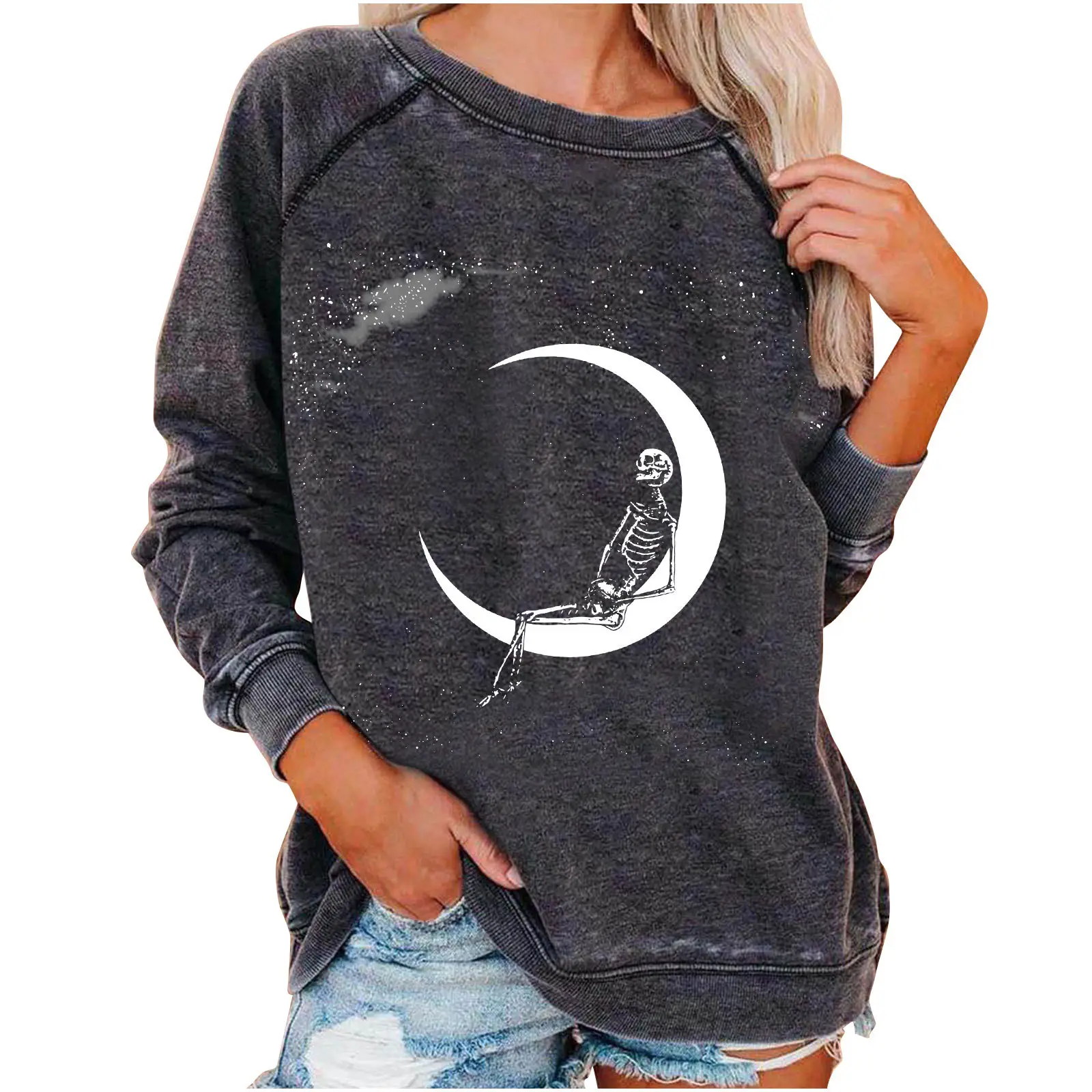 Women Halloween Skull Sweatshirt Dark Grey - Image 4