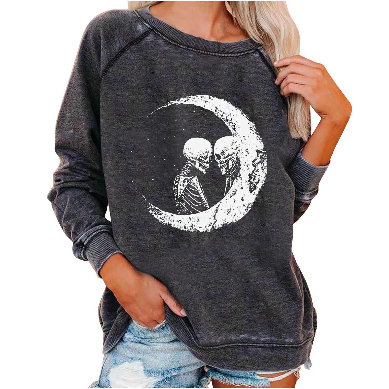 Women Halloween Skull Sweatshirt Dark Grey - Image 6