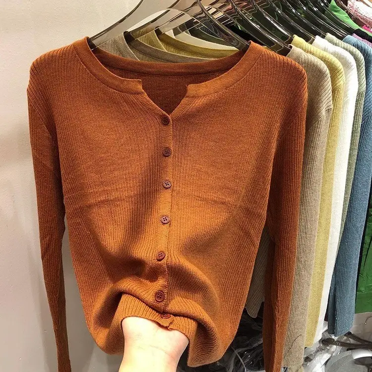 V-Neck Long Sleeve Knit Cardigan Women Spring - Image 2