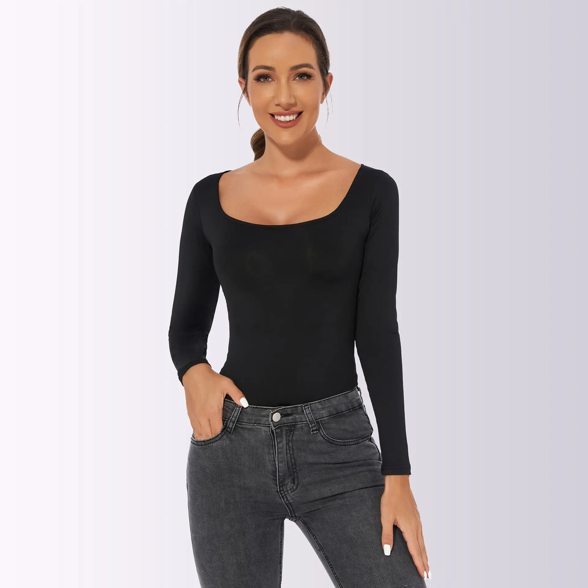 Black Long-Sleeve Women's Slim Fit Jumpsuit — feature 10