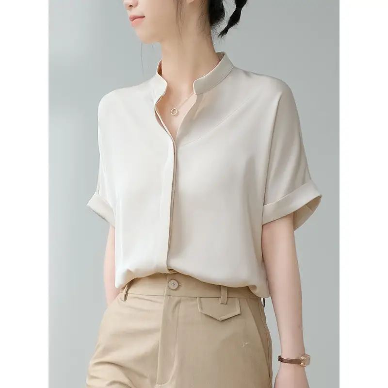 Light Apricot Acetic Satin Women's Collar Shirt 2023 - Image 3