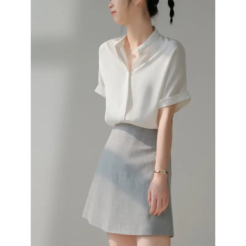 Light Apricot Acetic Satin Women's Collar Shirt 2023 - Image 4
