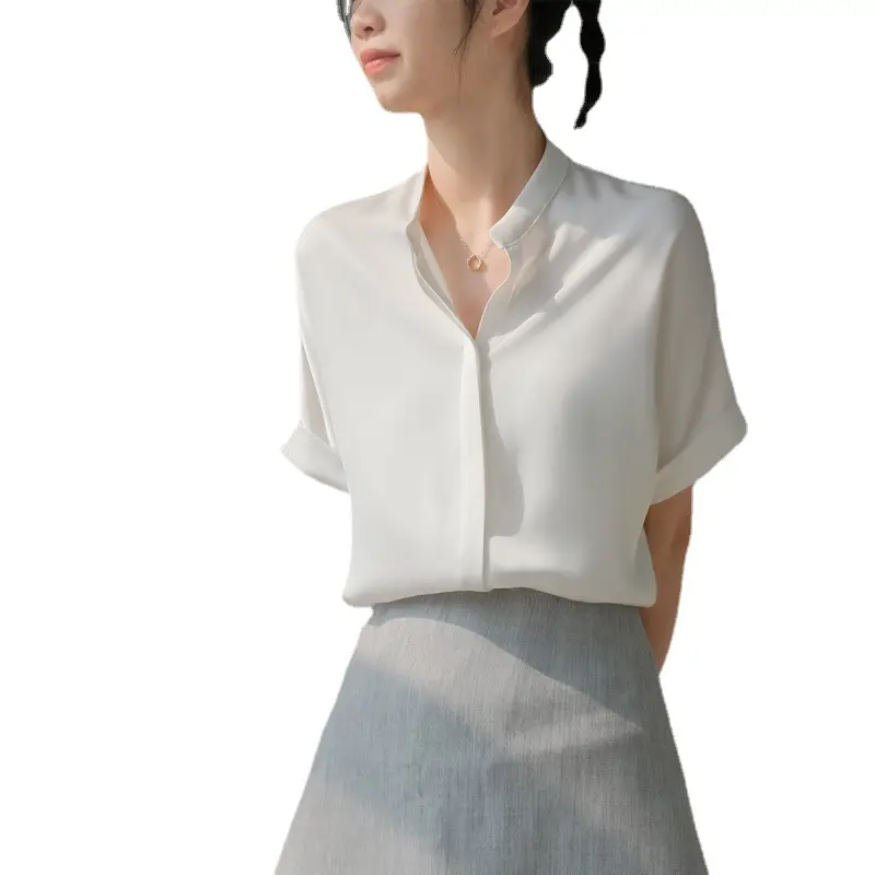 Light Apricot Acetic Satin Women's Collar Shirt 2023 - Image 6